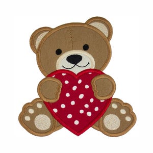 Teddy Bear Heart Patch, Valentine Bear Applique, Iron On or Sew On