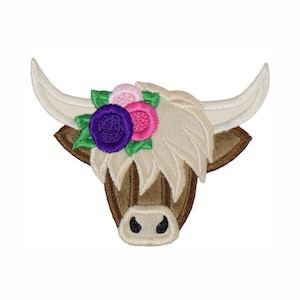 Highland Cow with Flowers Patch - Animal Patch - Western Patch - Iron on patch - Sew on patch - Applique patch