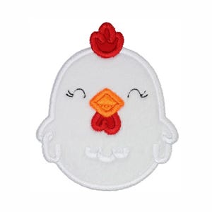 May include: A white, plush chicken patch with a red comb and wattle, and an orange beak. The chicken has a smiling face with black stitched eyes and is outlined with white stitching. This patch is perfect for adding to clothing or accessories.