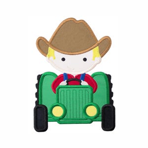 Farmer on Tractor Sew On Patch | Iron On Patch for Clothing, Bags | Embroidered Farm Tractor Design, Multiple Sizes Available