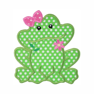 Girl Frog Patch Pink Bow, Polka Dot Embroidered Applique for Kids’ Jackets or Backpacks
