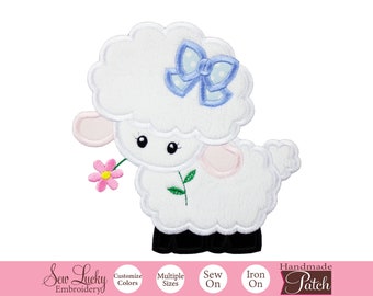Girl Baby Lamb with Blue Bow Patch - Easter patch - Animal patch - Iron on patch - Sew on patch - Applique patch