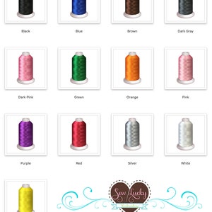 Embroidery thread color chart featuring black, pink, red, blue, green, yellow, silver, white and multiple color options for custom monogram patch personalization.