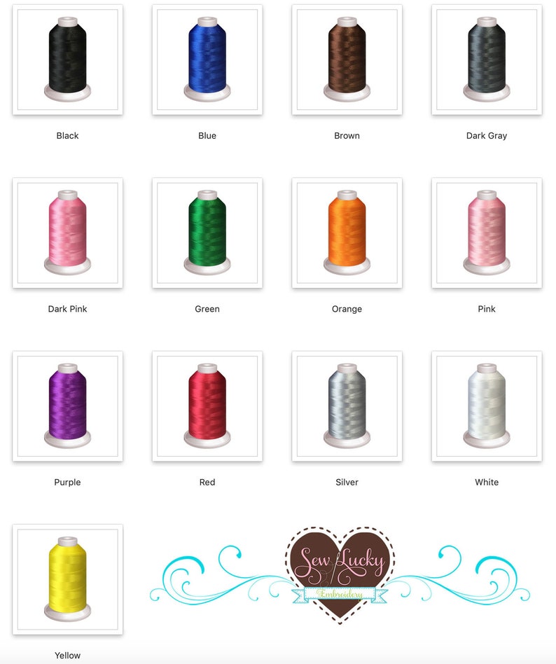 Embroidery thread color chart featuring black, pink, red, blue, green, yellow, silver, white and multiple color options for custom monogram patch personalization.