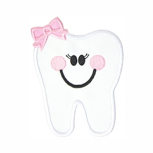 May include: A white, smiling tooth patch with a pink bow, rosy cheeks, and black eyes. The embroidered patch has a white border and a happy expression, perfect for dental-themed crafts or apparel.