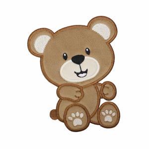 May include: A brown teddy bear patch with a smiling face, black eyes, and a white muzzle. The bear has light brown ears and paws with paw print details. The patch is designed with a stitched border.