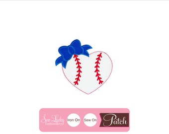 Baseball Heart with Blue Bow Patch - Sports Patch - Girls Patch - Iron on patch - Sew on patch - Applique patch