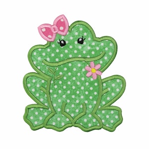 Girl Frog Patch Pink Bow, Polka Dot Embroidered Applique for Kids’ Jackets or Backpacks