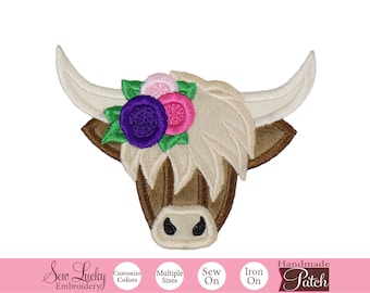 Highland Cow with Flowers Patch - Animal Patch - Western Patch - Iron on patch - Sew on patch - Applique patch