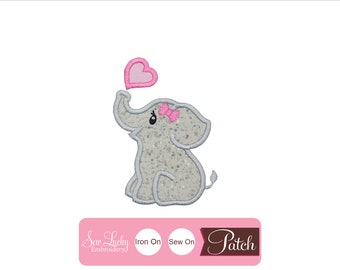 Girl Elephant with Pink Heart Patch - Animal Patch - Iron on patch - Sew on patch - Applique patch