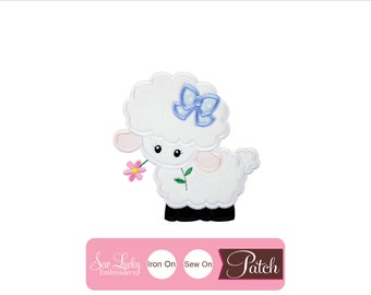 Girl Baby Lamb with Blue Bow Patch - Easter patch - Animal patch - Iron on patch - Sew on patch - Applique patch