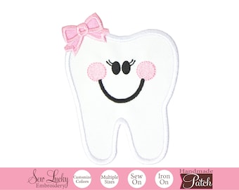 Happy Tooth with Bow Patch - Girls patch - Iron on patch - Sew on patch - Applique patch - Embroidered patch