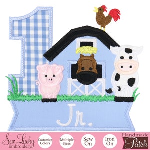 May include: Embroidered iron-on patch featuring a blue and white gingham number one, a blue barn with a rooster on top, a pig, a horse, and a cow. The patch also includes the text "Jr." and the words "Handmade Patch".