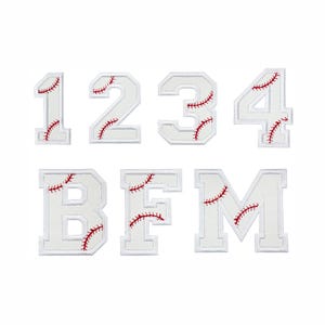 Baseball number patch and varsity letter patches with red baseball stitching showing numbers 1 2 3 4 and letters B F M. Custom jersey numbers and letters designed for baseball uniforms, team jerseys, little league teams, travel ball players, and personalized sports gear.