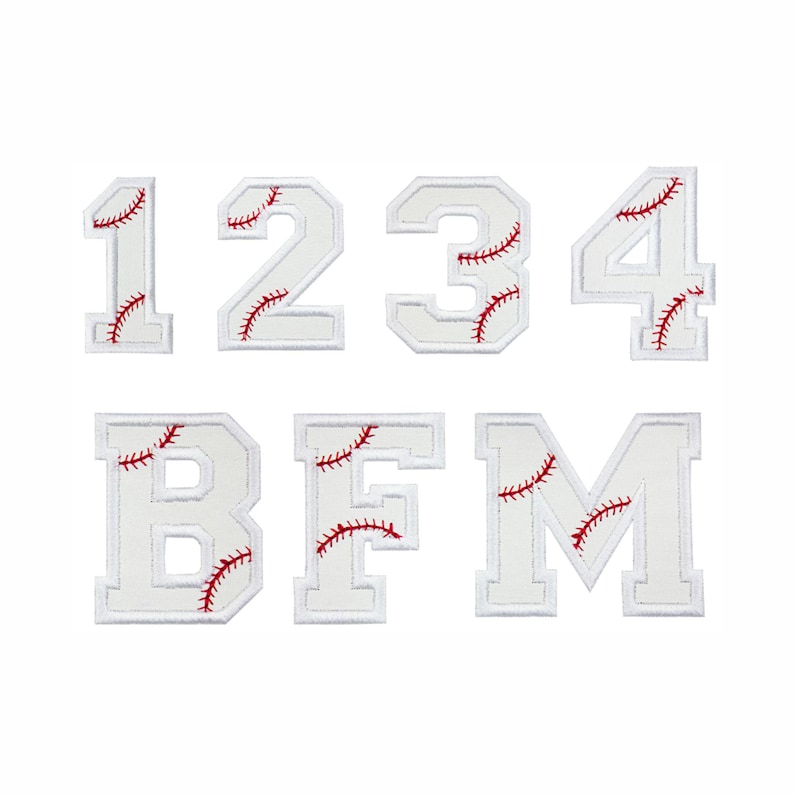 Baseball number patch and varsity letter patches with red baseball stitching showing numbers 1 2 3 4 and letters B F M. Custom jersey numbers and letters designed for baseball uniforms, team jerseys, little league teams, travel ball players, and personalized sports gear.