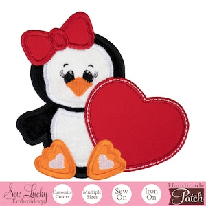 Penguin with Heart Patch - Valentine Patch - Animal Patch - Iron on patch - Sew on patch - Applique patch