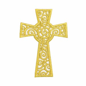 May include: Embroidered gold-colored Celtic cross with intricate swirling patterns. The cross features a traditional design with a detailed, openwork appearance. The cross is a religious symbol.