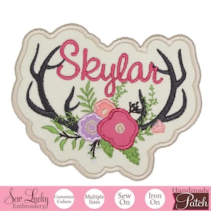 Boho Deer Antlers Name Patch Personalized Floral Embroidered Patch for Girls Jackets, Bags, or Nursery Decor Iron-On or Sew-On