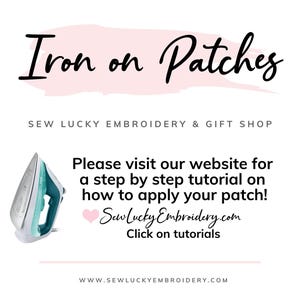 iron on patch application instructions card with iron graphic, sew lucky embroidery tutorial guide for applying embroidered patches