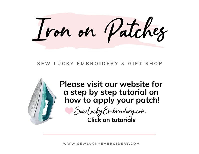 iron on patch application instructions card with iron graphic, sew lucky embroidery tutorial guide for applying embroidered patches