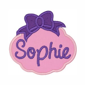 Parche personalizado con marco de lazo y nombre – Parche bordado a medida para mochilas, chaquetas o ropa de niña – Se puede planchar o coser.