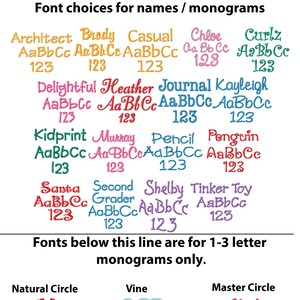 Font chart for personalized embroidered patches featuring name and monogram font options