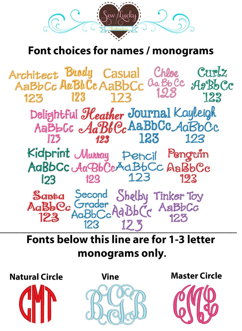 Font chart for personalized embroidered patches featuring name and monogram font options