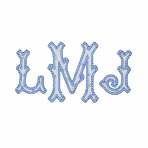 May include: A set of three fabric letters forming the monogram LMJ. Each letter features a white center with a subtle blue floral pattern, bordered by a light blue stitched edge with a decorative, branch-like shape and visible stitching.