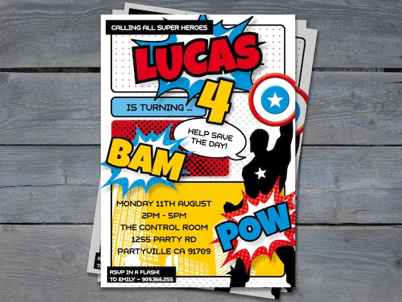 SUPERHERO Invitation for Birthday Party - 7"x5" - Personalized Printable File - Print Your Own - Captain America, Avengers Il_570xn
