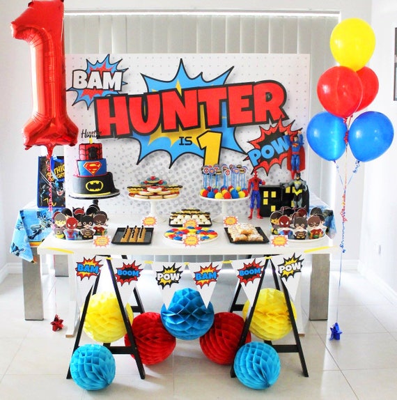 superhero backdrop design for birthday party printable file etsy