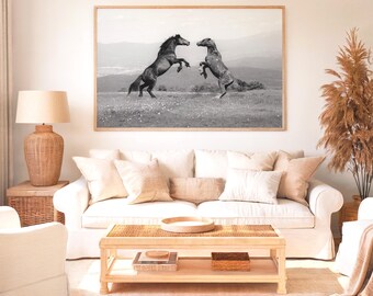 Wild Horses Face Off Photography Print, Black and White Equine Wall Art, Dramatic Horse Decor, Fine Art Digital Download