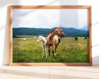 Horse and Foal Printable Wall Art, Rustic Farmhouse Horse Photography, Mountain Horse Landscape Decor, Nature Equine Print, Instant Download