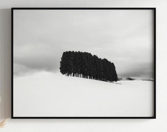 Minimal Winter Landscape Print, Snowy Trees Wall Art, Black and White Real Photo, Minimalist Decor, Printable Wall Art, Mountain landscape