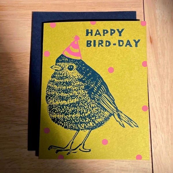 Hand-Carved Bird Birthday Card • Festive Party Hat, Bird Lover Gift (4.25 x 5.5")