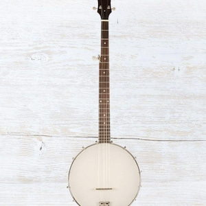 Op de afbeelding: Een banjo met een witte drumkop en een donkerbruine hals. De kop is donkerbruin met de tekst "Recording King". Het instrument heeft een zilveren metalen rand en een metalen staartstuk. De achtergrond is een wit houten oppervlak.