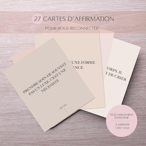 May include: A collection of affirmation cards in beige and cream tones. The cards feature black text with phrases such as "Take care of yourself, it's not a luxury, it's a necessity." The top of the image reads "27 Affirmation Cards."