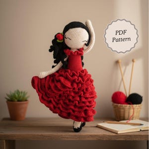 Gehaakt amigurumi-poppatroon, jurk flamencodanseres met ruches, Spaanse danseres (pdf-download)