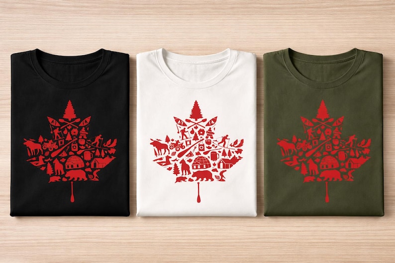 May include: Three t-shirts in black, white, and olive green, each featuring a large red maple leaf graphic composed of various outdoor-themed icons including a bear, an igloo, a canoe, a pine tree, and a paddle extending from the bottom.