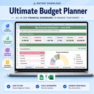 May include: A digital budget planner displayed on a laptop screen, featuring a financial dashboard with tables for income, expenses, net worth, and a pie chart for expense breakdown. The interface includes tabs for monthly budget and transaction tracking.