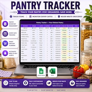 Puede incluir: Una hoja de cálculo digital de seguimiento de despensa en la pantalla de un portátil. La interfaz incluye columnas para nombre del artículo, categoría, ubicación, cantidad, unidad, fecha de caducidad, días restantes, compra necesaria y notas.