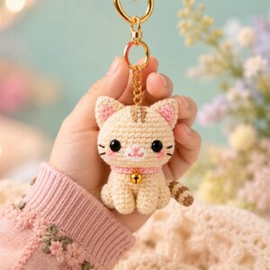 May include: A cream-colored crocheted cat keychain featuring a small gold bell on a pink collar, black bead eyes, pink stitched nose and mouth, and a striped tail. The cat is attached to a gold-toned metal chain and a circular keyring.