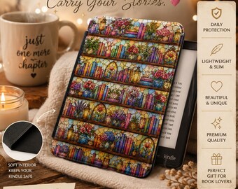 Kindle Case for Book Lovers, Stained Glass Bookshelf Kindle Cover, Floral Library Kindle Case, Bookish Kindle Sleeve