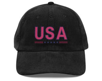 Vintage Black Corduroy Dad Hat Embroidered USA | Patriotic Cap