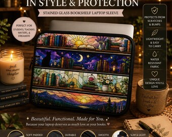 Stained Glass Bookshelf Laptop Sleeve | Protective Book Lover Laptop Case | Floral Library Design