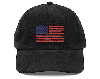 Corduroy Hat Embroidered American Flag | Patriotic USA Cap Vintage