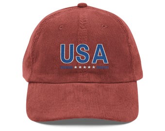 Corduroy Hat Embroidered Vintage USA Flag | Patriotic Cap 4th July