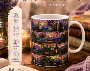 Fantasy Bookshelf Mug, Stained Glass Book Lover Coffee Mug, Cozy Reading Cup, Lavender Cottagecore Gift, Librarian Tea Mug, 15oz Ceramic Mug