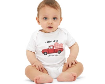 Ladies Love A Pickup Man infant onesie | red truck heart baby bodysuit