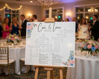 Personalized Floral Wedding Crossword Puzzle Foam Board, Sip and Solve Game Sign