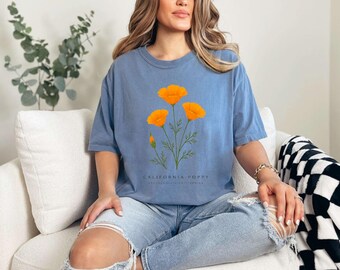 California Poppy Botanical Illustration T-Shirt | Wildflower Nature Art